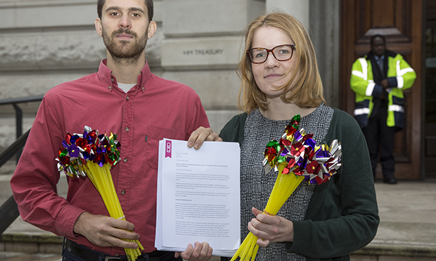 Campaigners from climate change charity 10:10 took bouquets of pinwheels to the Treasury along with a petition signed by just under 18,000 wind power supporters. (Photograph: Andrew Aitchison )